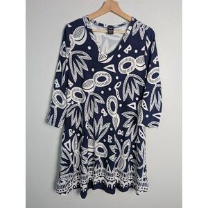 Lildy Tunic Blouse Womens L/XL Blue Floral V-Neck 3/4 Sleeve Pockets Relaxed Fit